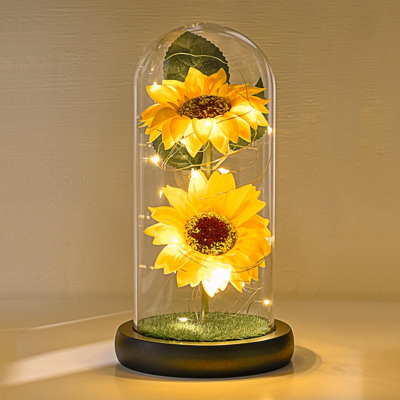 socathey Sunflower Gifts for Women  Artificial Sunflowers in Glass Dome with LED Strip  1PSC Sunflower Decor on Mother's Day  Valentine's Day  Christmas  Thanksgiving  Birthday (Yellow-New) - Image 1